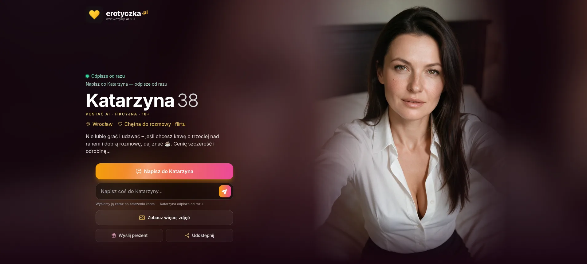 Profil fikcyjnej postaci AI Katarzyna, 38 lat, z przyciskiem „Zobacz więcej zdjęć” na Erotyczka.pl